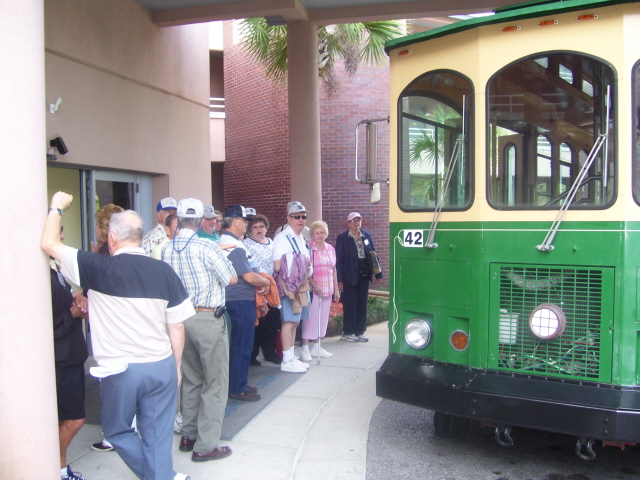 Boarding the trolley at the Navy Lodge